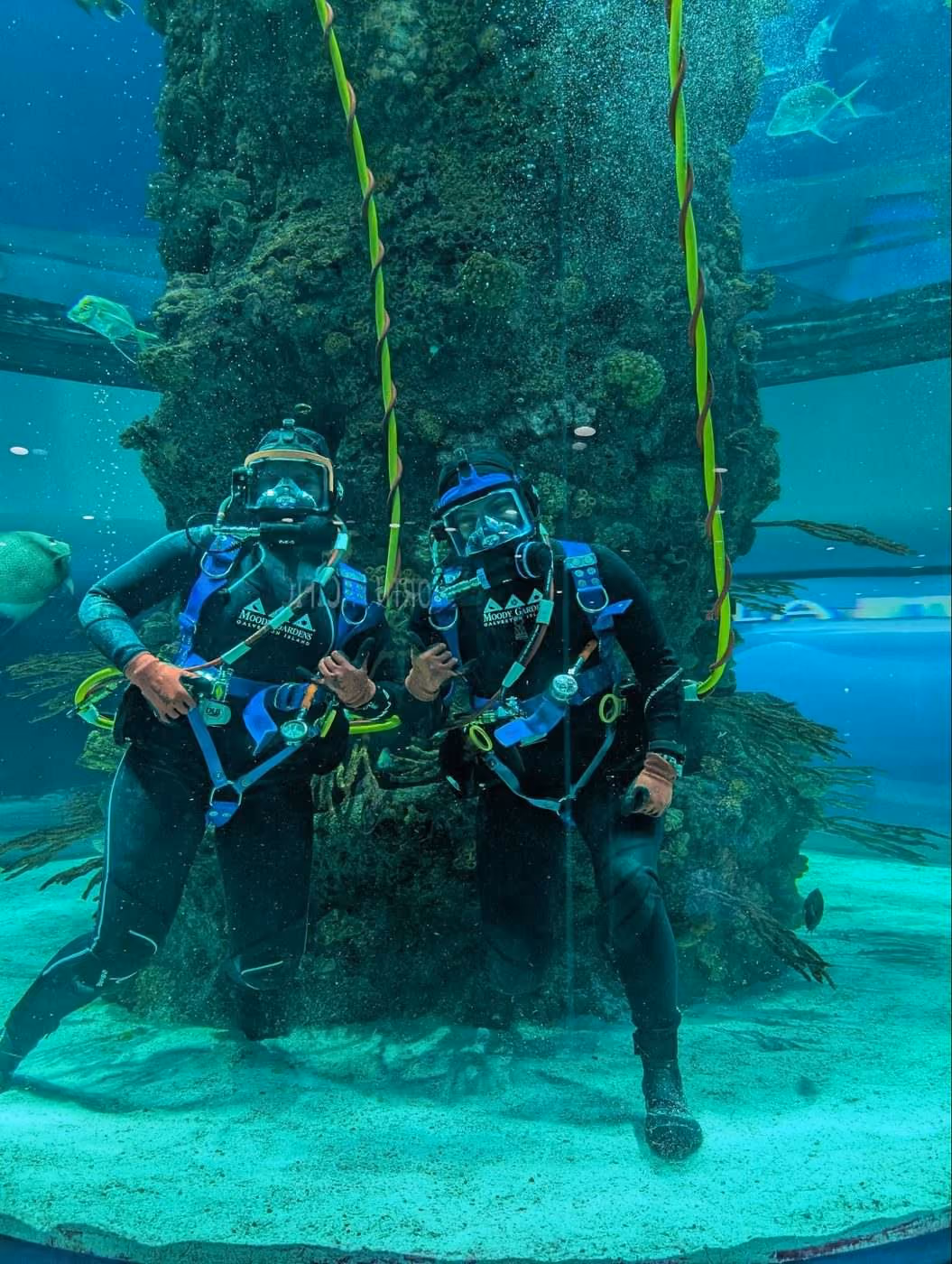 Kira and Natasha at the bottom of the Gulf of Mexico Rig exhibit in dive gear