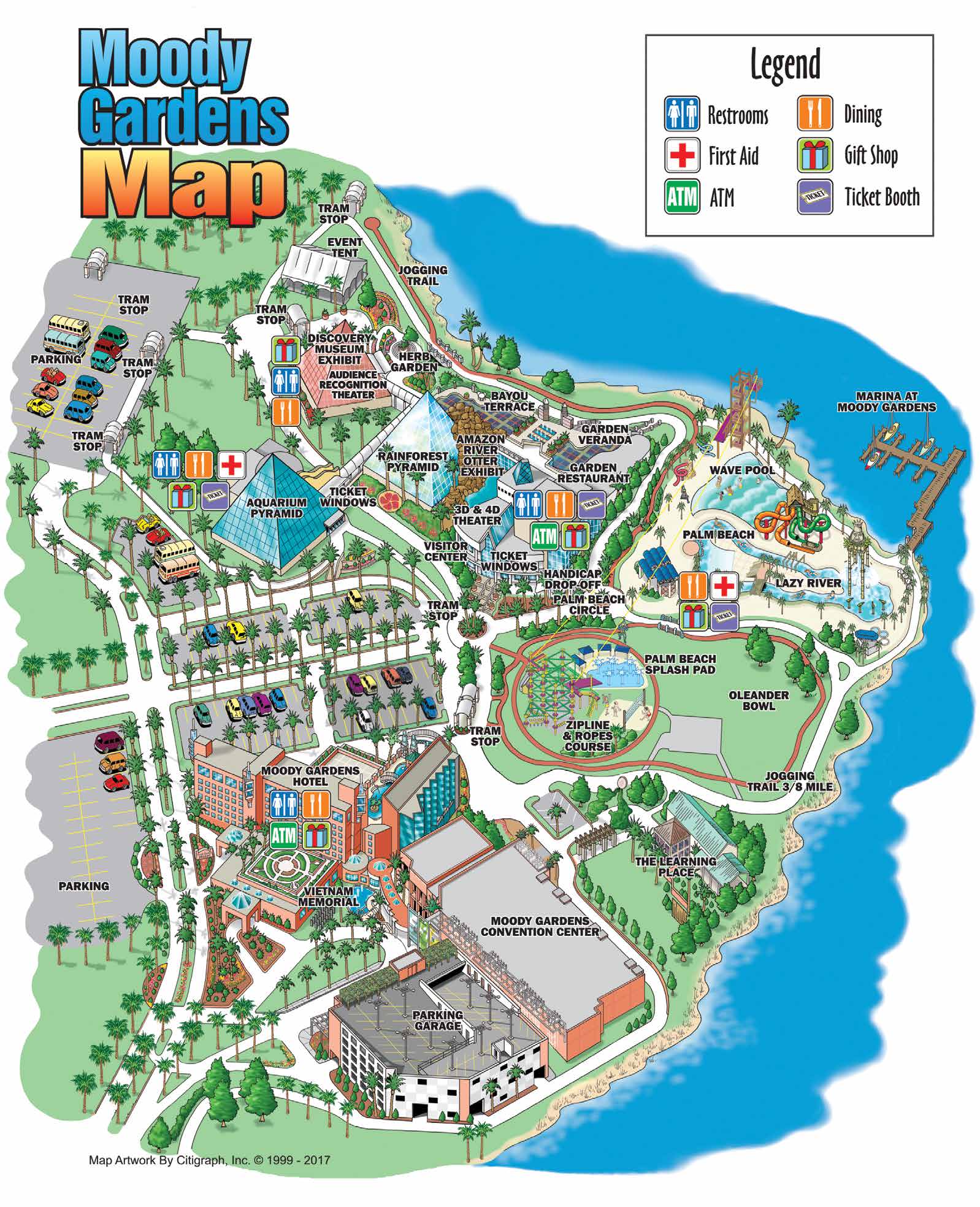Illustrated map of Moody Gardens showing the Aquarium, Rainforest and Discovery Pyramids, Palm Beach, the hotel, convention center and grounds