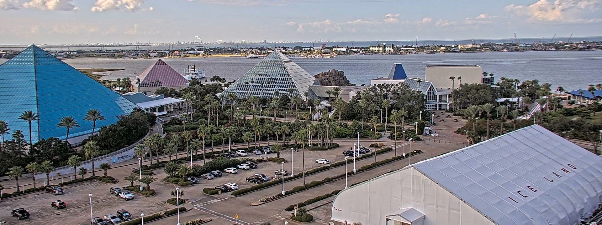 Pyramid Cam view of the three Moody Gardens pyramids and Offatts Bayou from the roof of Moody Gardens Hotel