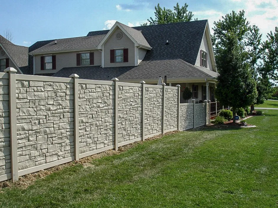 Stone-look composite privacy fence installed at a Kentucky home by Rio Grande Fence Company
