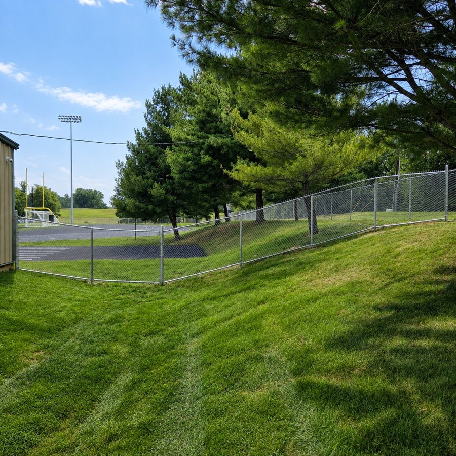 Galvanized chain-link perimeter fence near the Dunbar High School track in Lexington, Kentucky