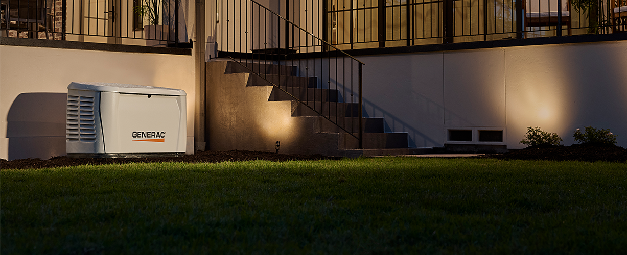 Generac standby generator outside a home; manufacturer product photography
