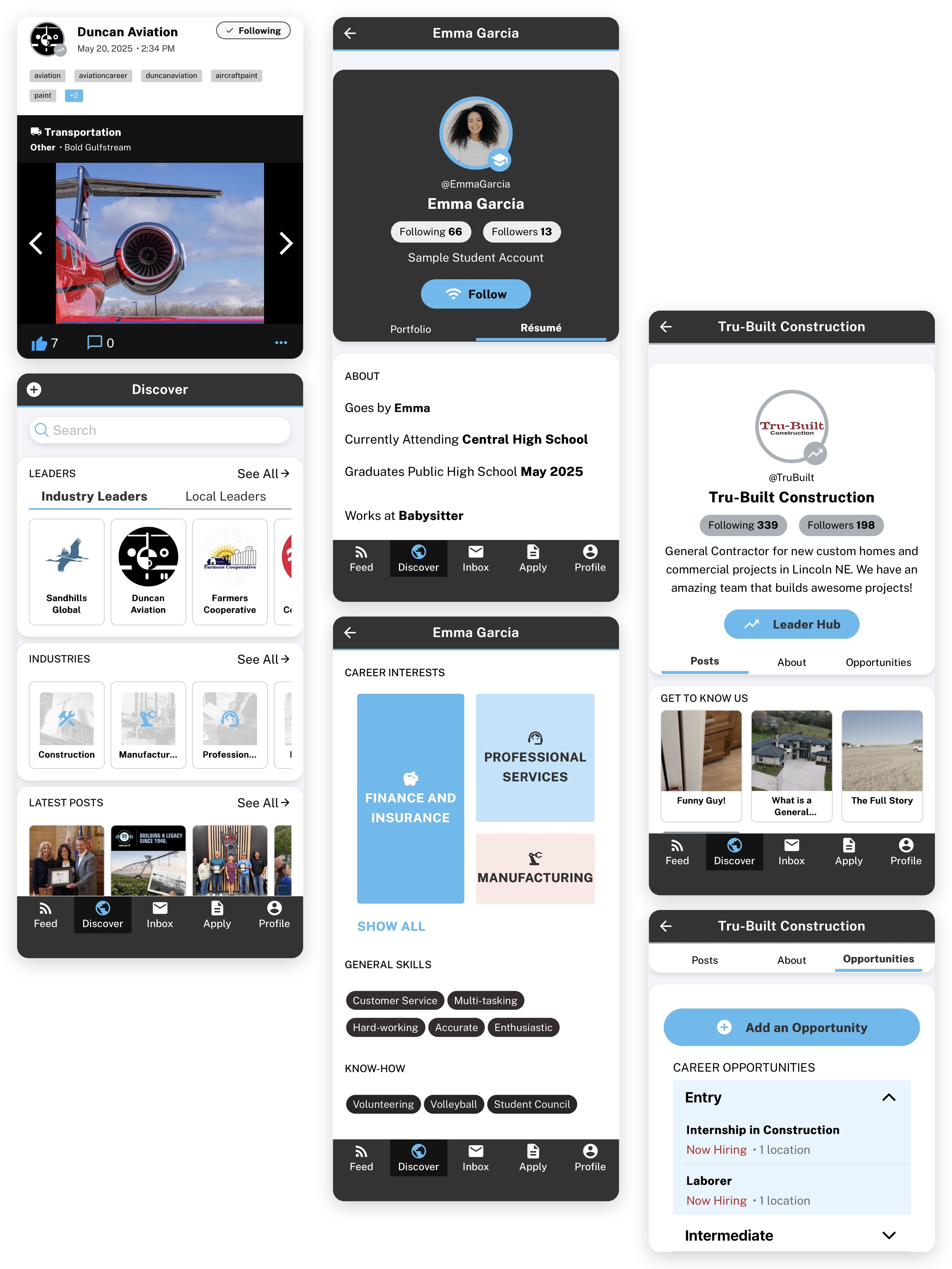 Screens from CareerPathway.com: a student profile with career interests, a business profile listing open positions, and the Discover page for browsing industries and local employers.
