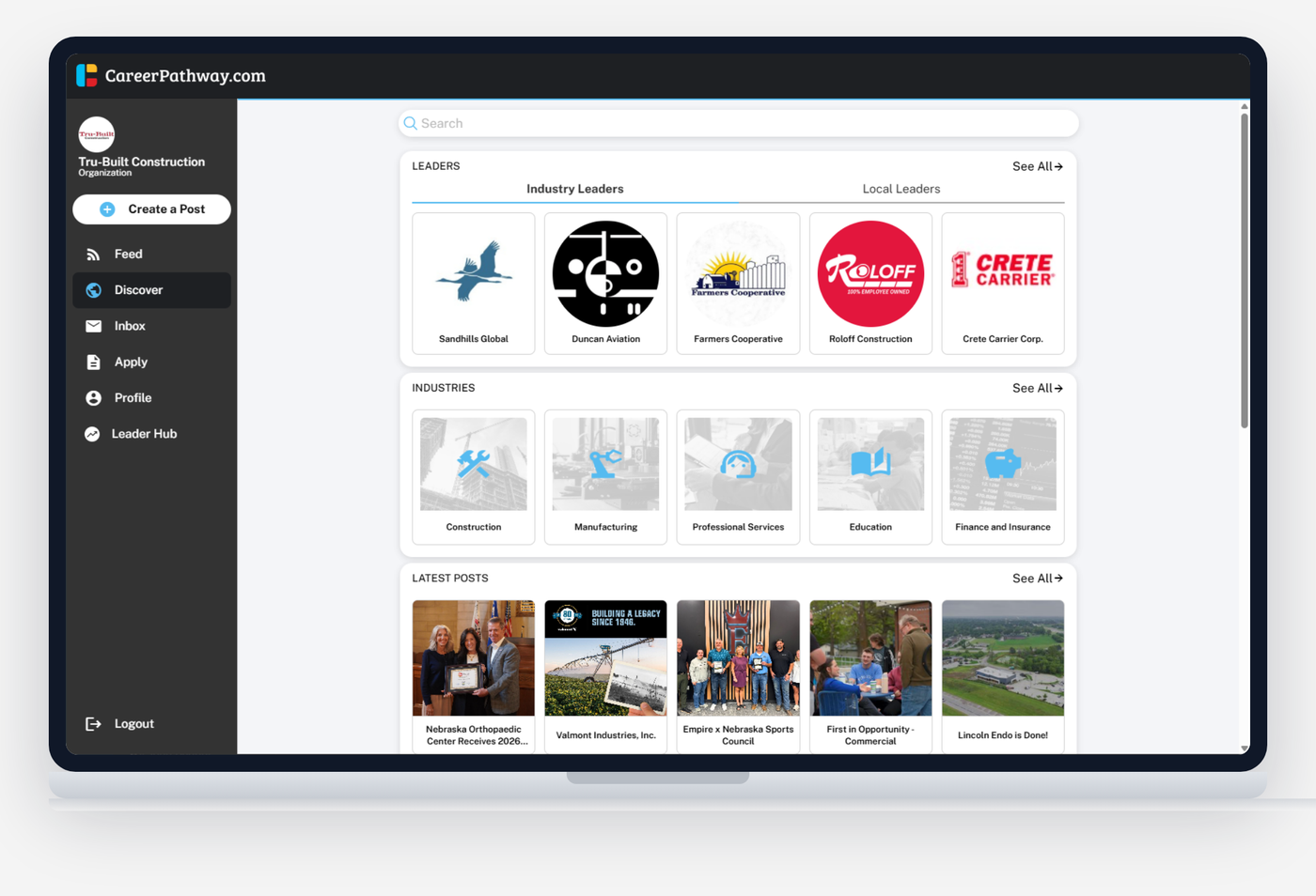 CareerPathway.com Discover page showing Industry Leader Sponsors at the top of search results