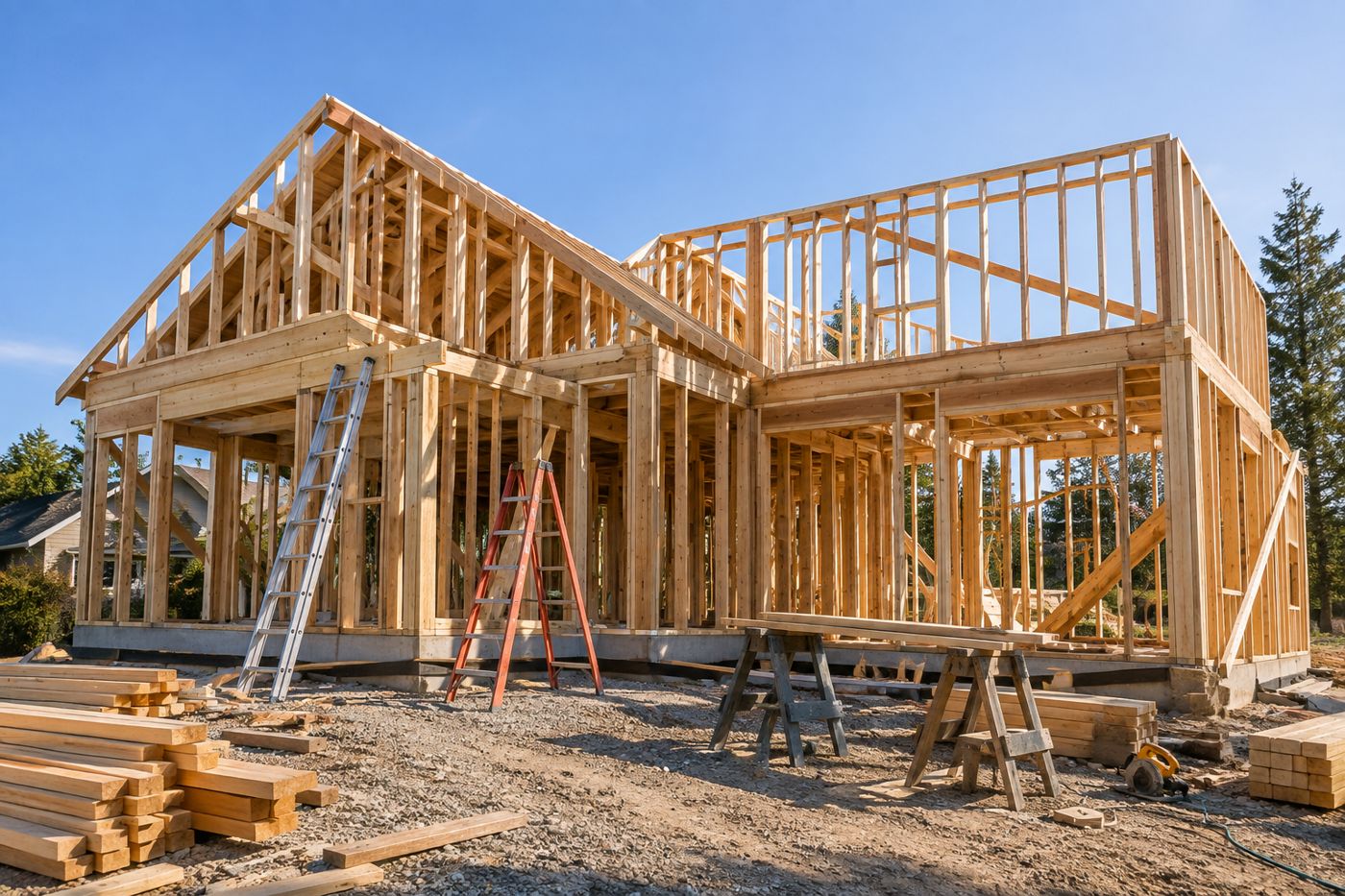 A house under construction, framed in fresh lumber on a clear morning, with ladders and a stack of timber in the foreground.