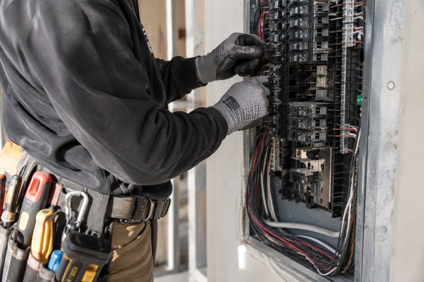 An electrician in gloves wiring a breaker panel on a jobsite, with a loaded tool belt at their waist.