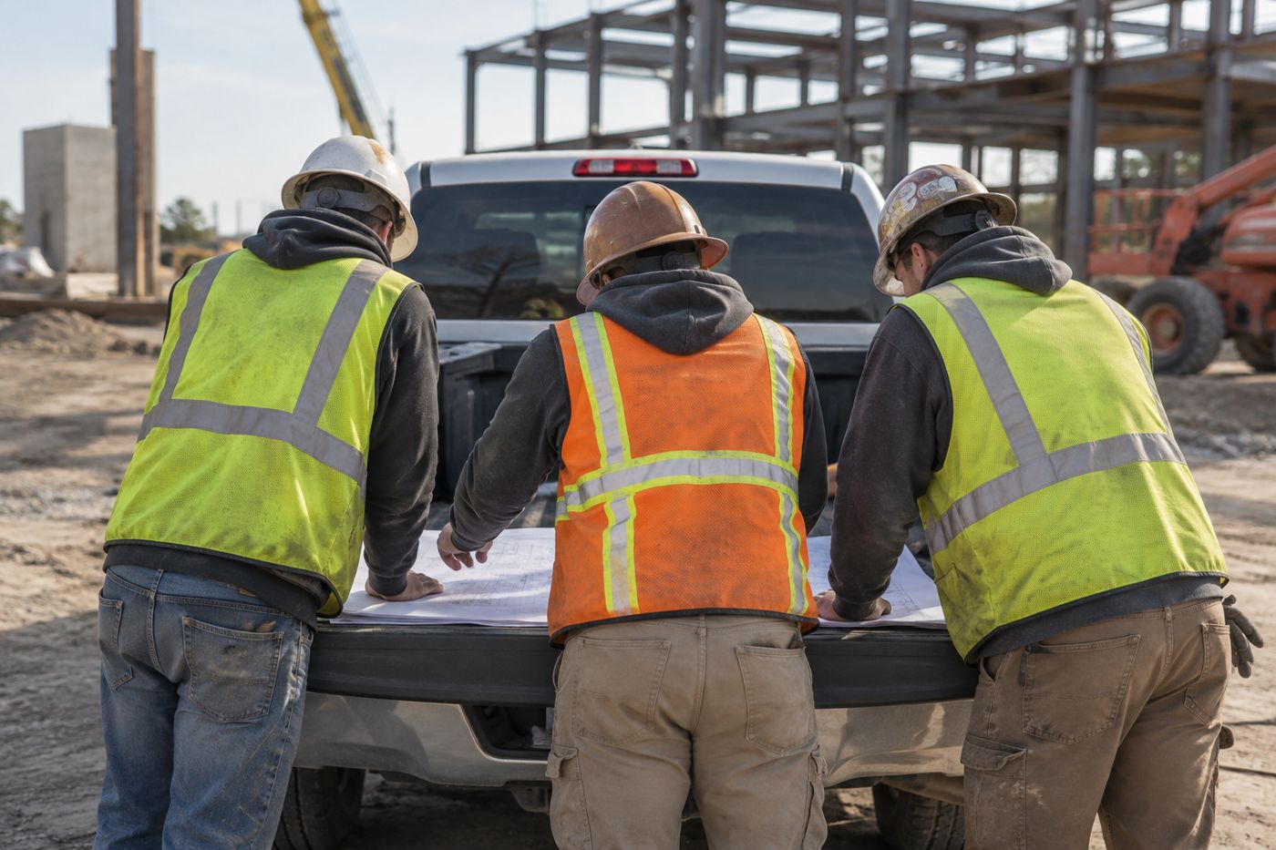 Three construction workers in hard hats and high-visibility vests reading plans spread across the tailgate of a pickup truck.