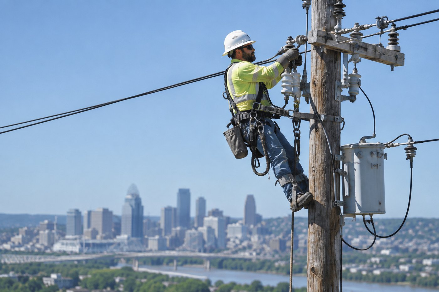 Utility lineworker in a hard hat and safety harness working at the top of a power distribution pole
