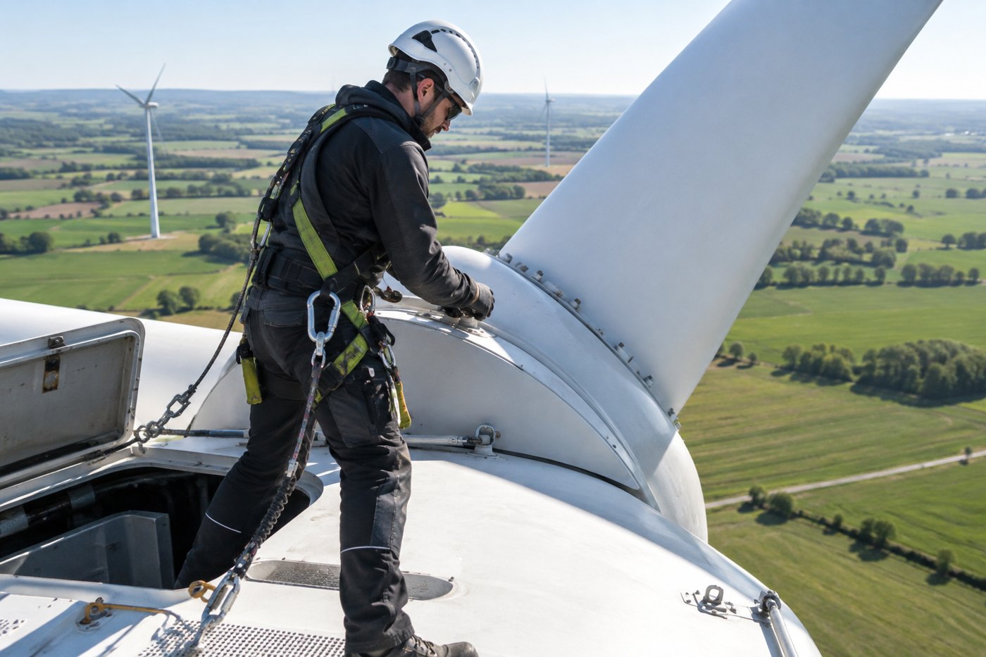Wind turbine technician in a safety harness performing maintenance on top of a wind turbine