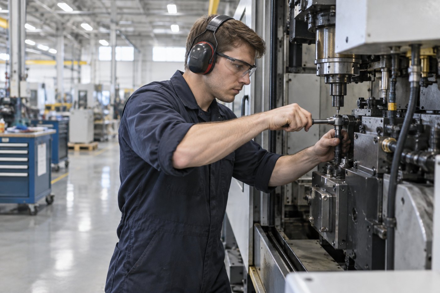 Industrial machinery mechanic in safety glasses and hearing protection servicing a CNC production machine on a factory floor