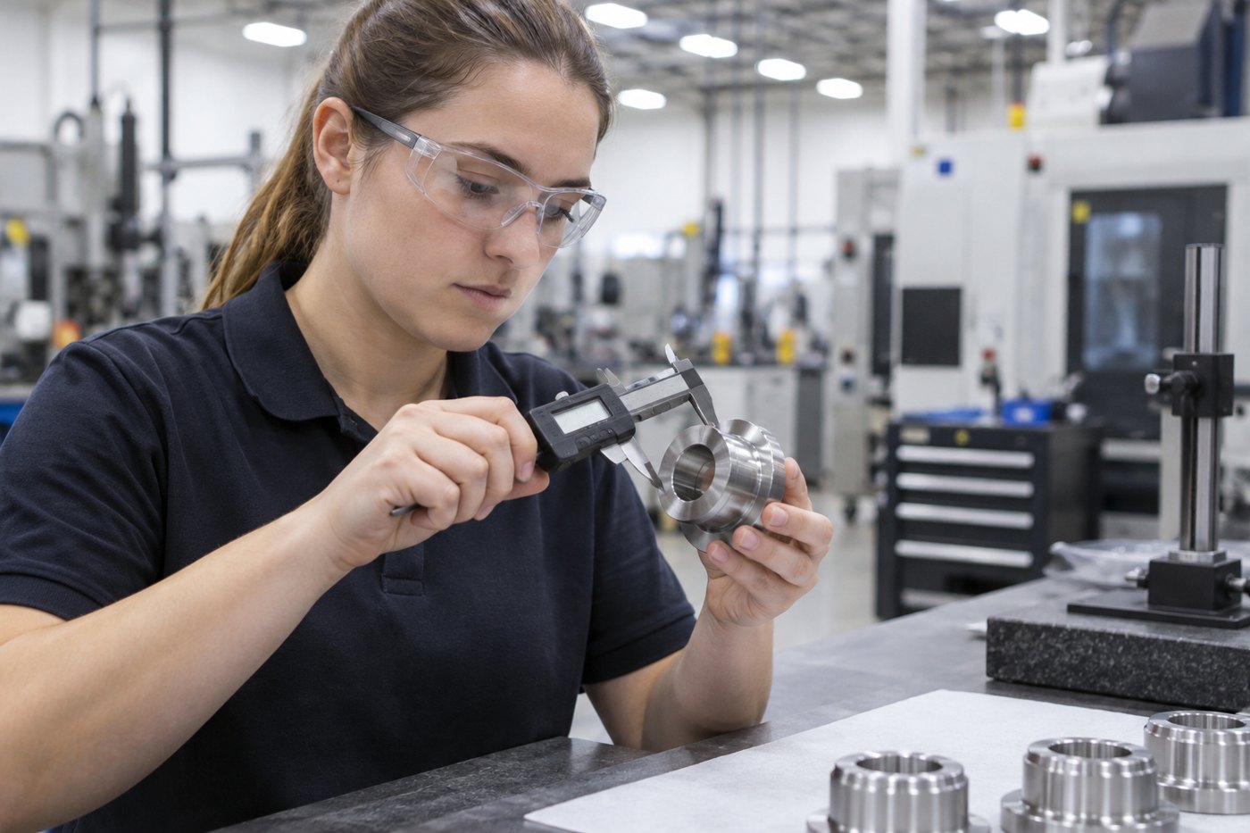 Quality control inspector using digital calipers to measure a precision machined metal part at an inspection station