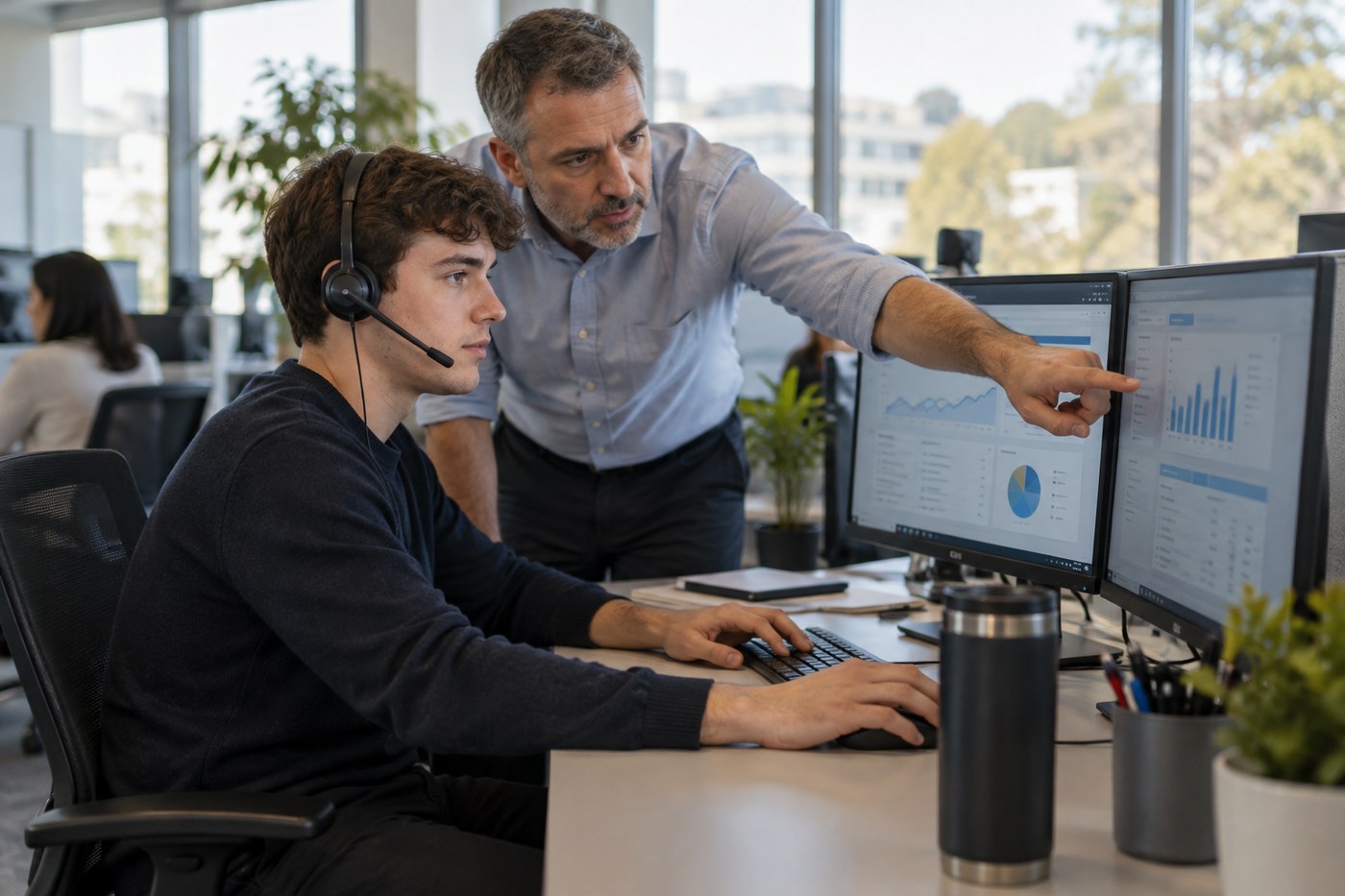 A young support technician at a two-monitor workstation while an experienced colleague coaches him