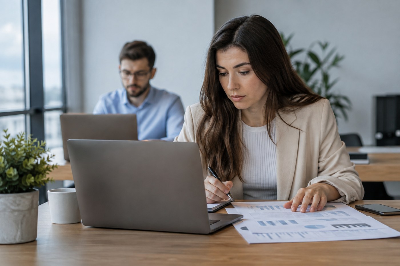 A young professional reviewing figures on a laptop alongside a colleague in an open office