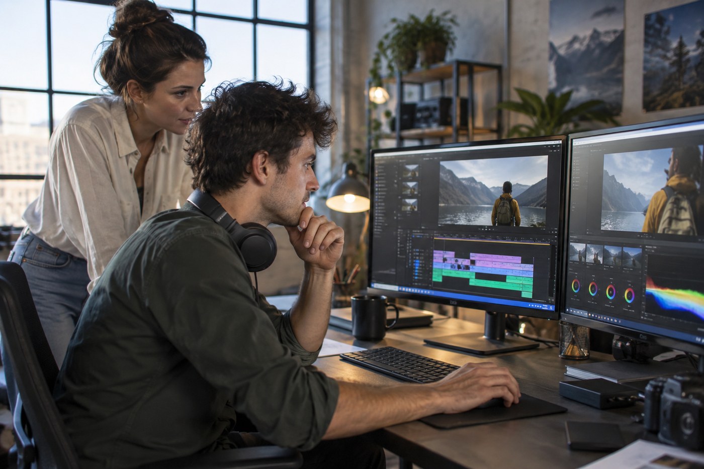 A young video editor working at a two-monitor editing suite with a colleague reviewing