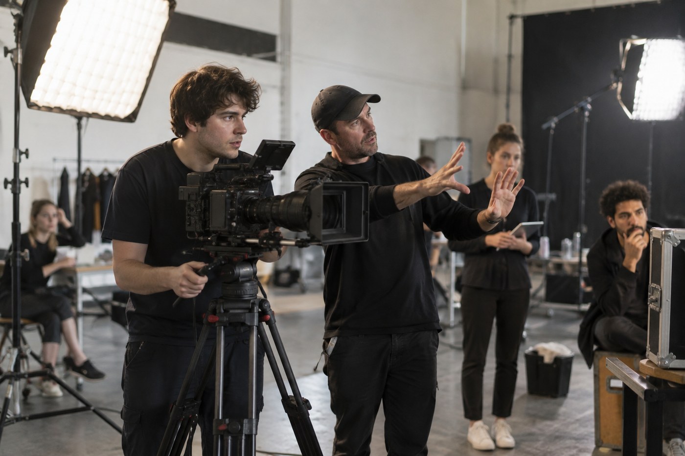 A small film crew shooting in a studio with a young camera operator and a director