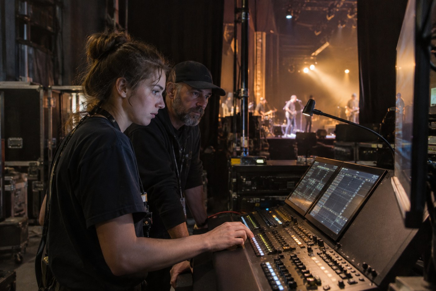 A young sound technician working an audio and lighting console at a live venue
