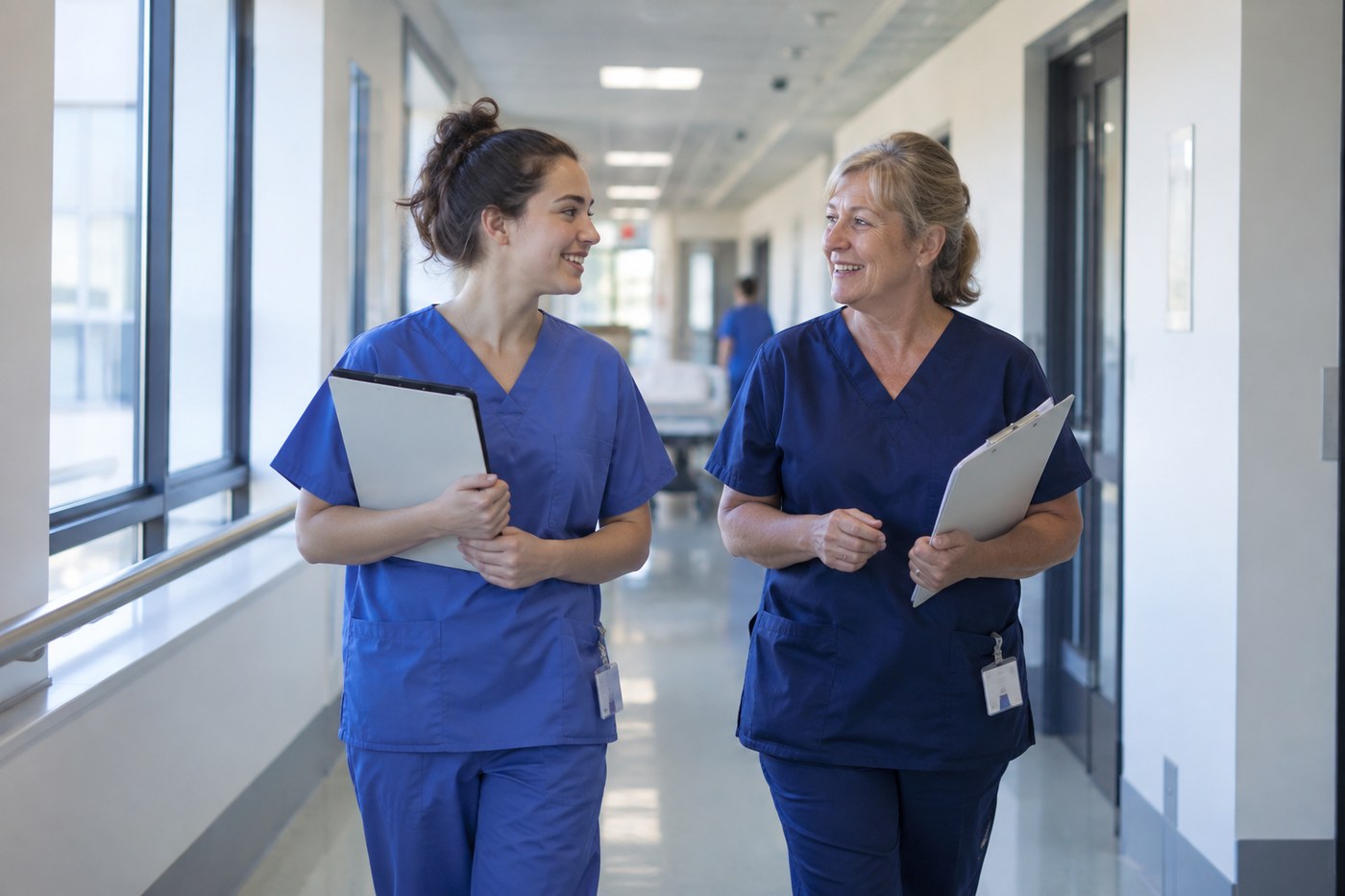 A young nurse in scrubs talking with an experienced colleague in a hospital corridor
