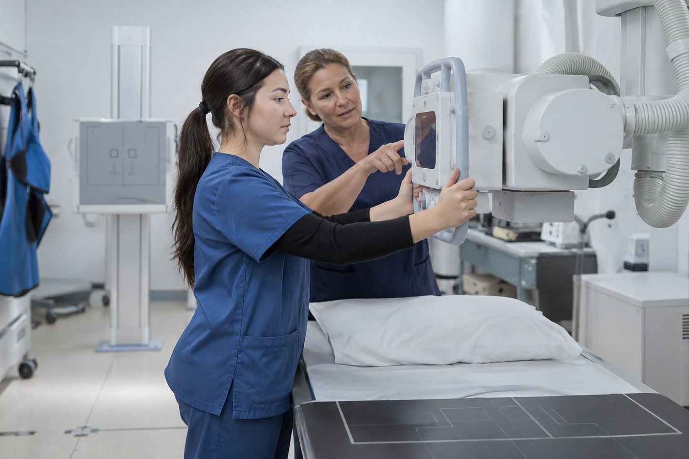 A young radiologic technologist learning imaging equipment from an experienced colleague