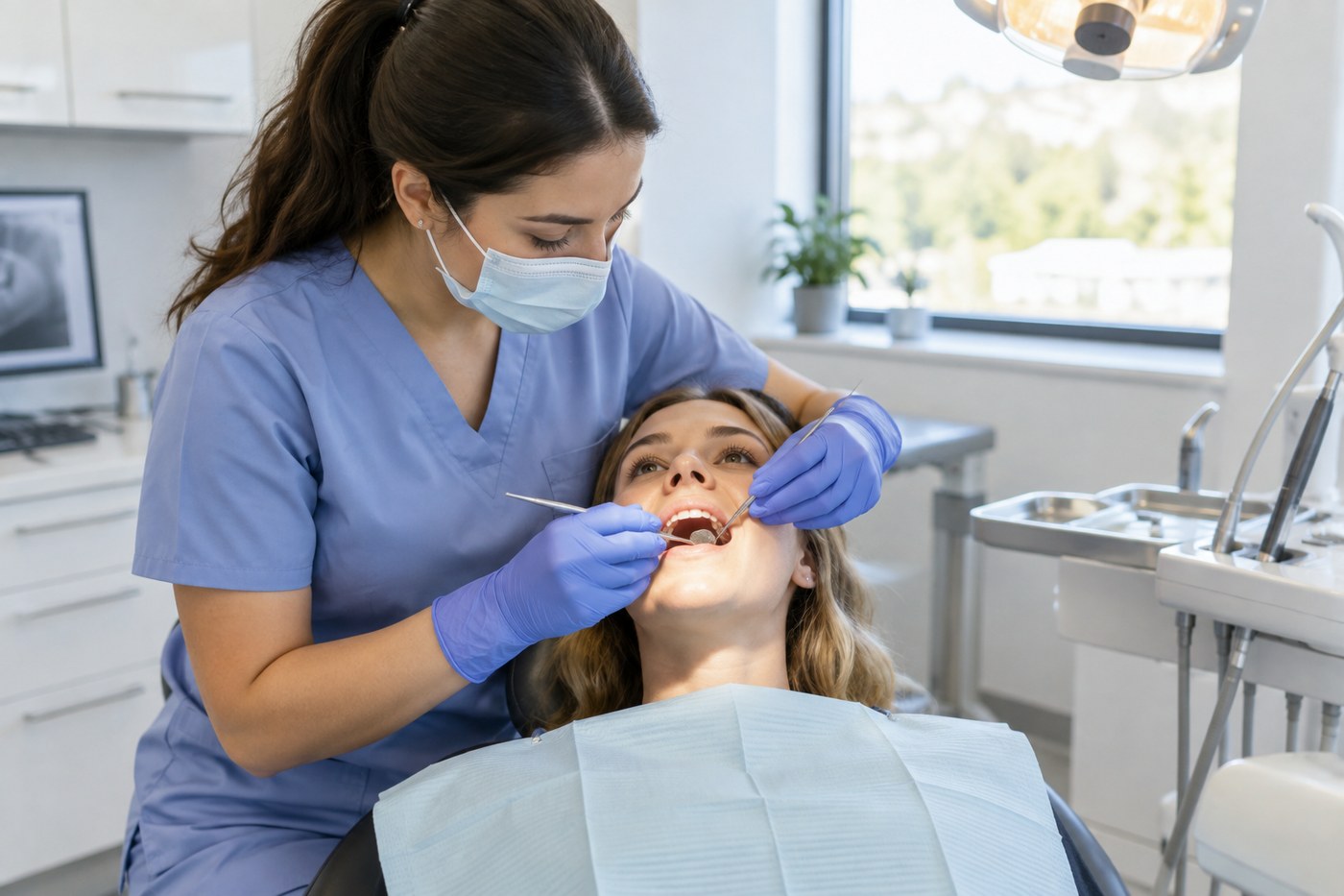 A dental hygienist treating a patient in a bright modern dental office