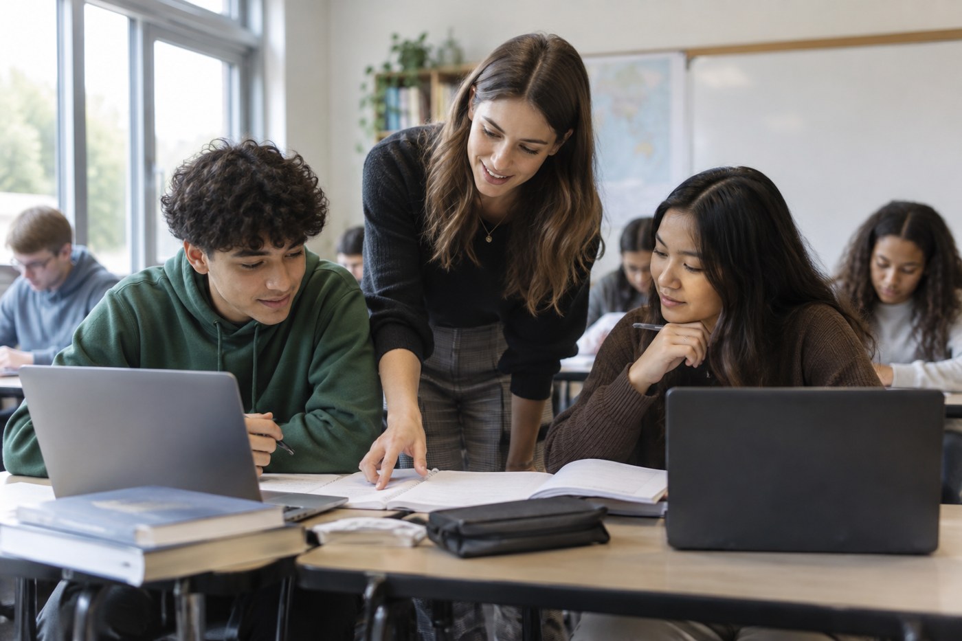 A young teacher helping two high school students at a desk in a bright classroom