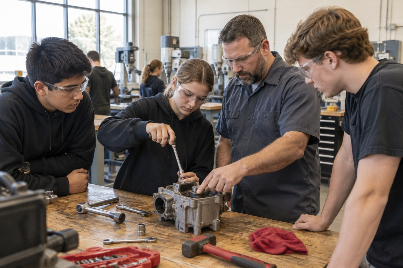 An instructor guiding teenage students working with tools at a workbench in a career and technical education classroom