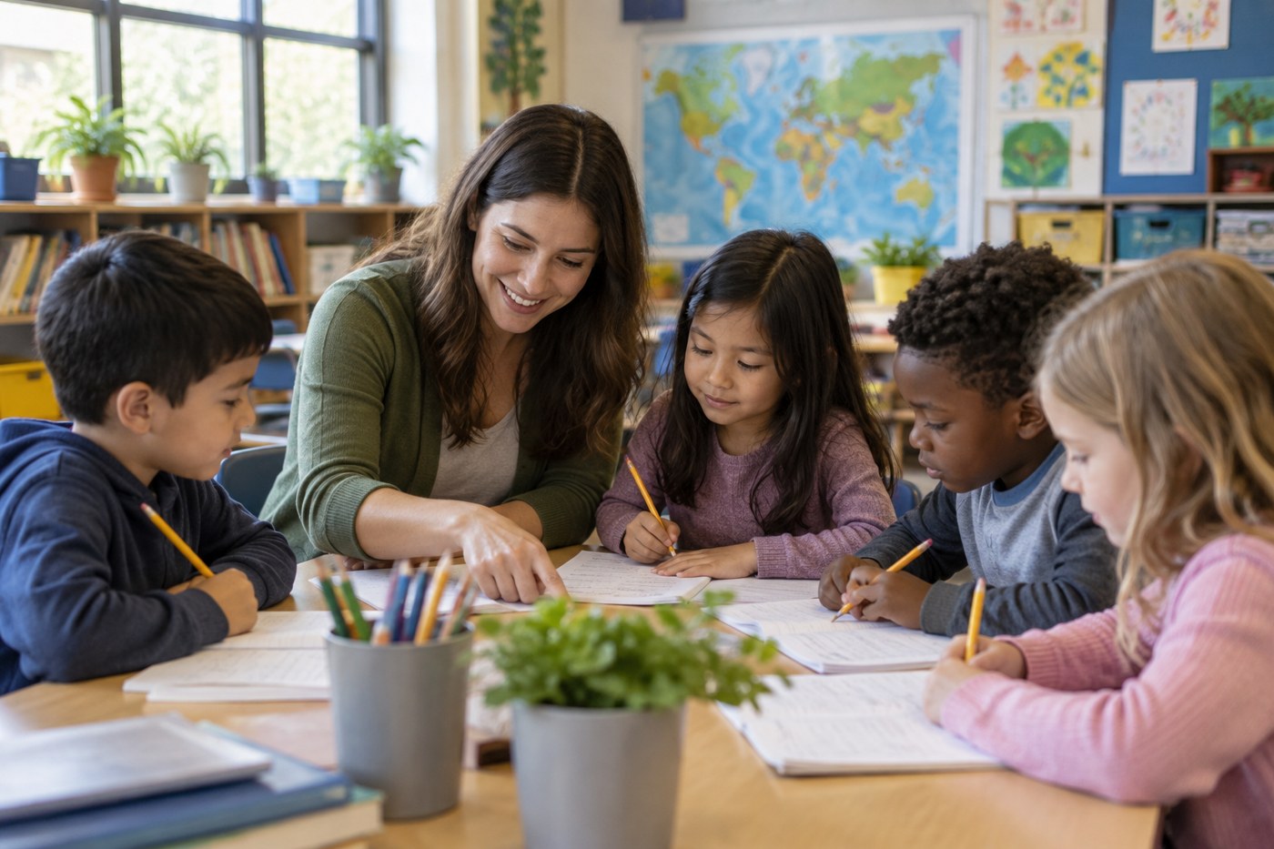 A teaching assistant working with a small group of elementary students at a table in a classroom