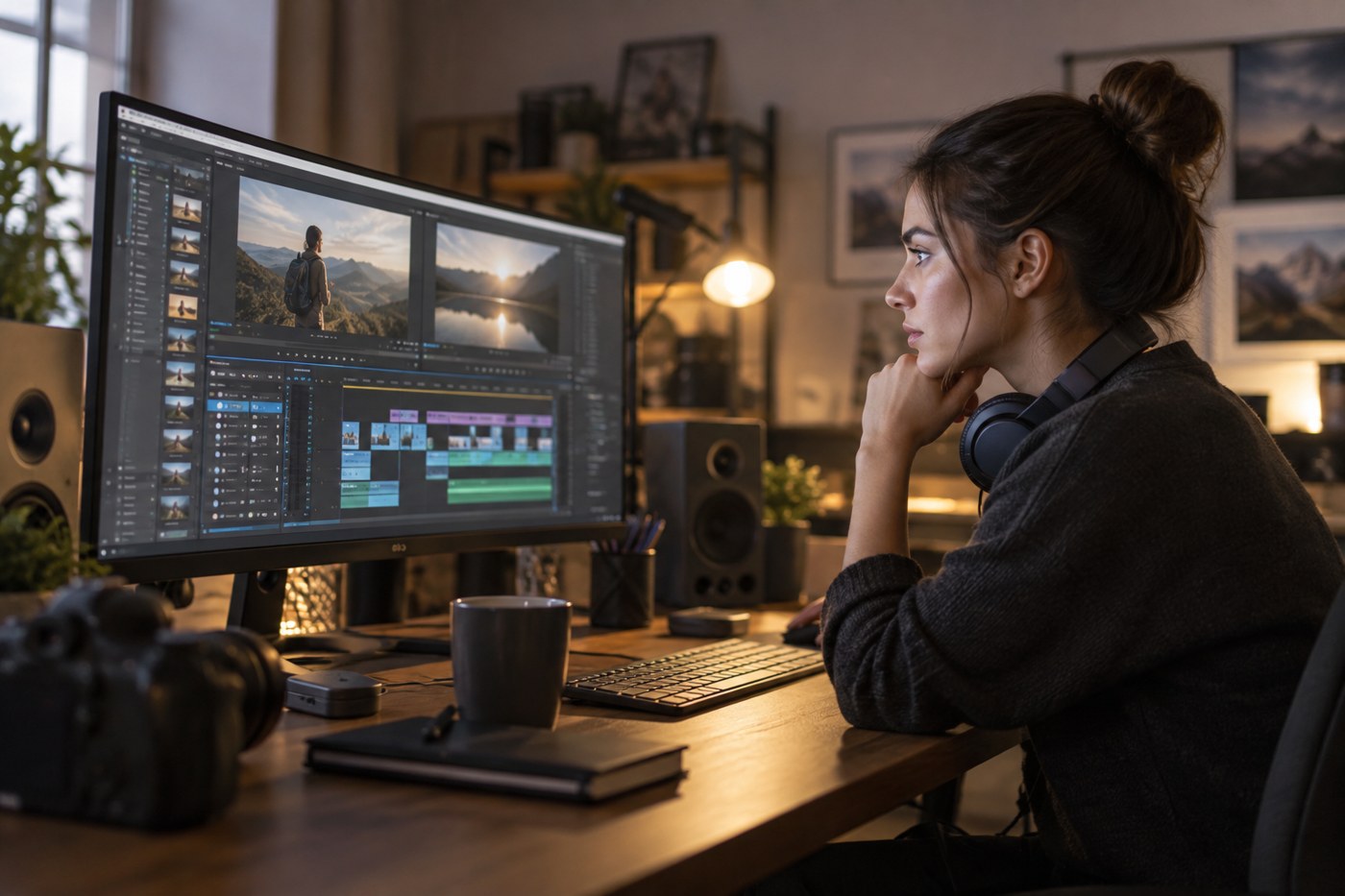 A young video editor working at a large monitor in a media studio edit suite