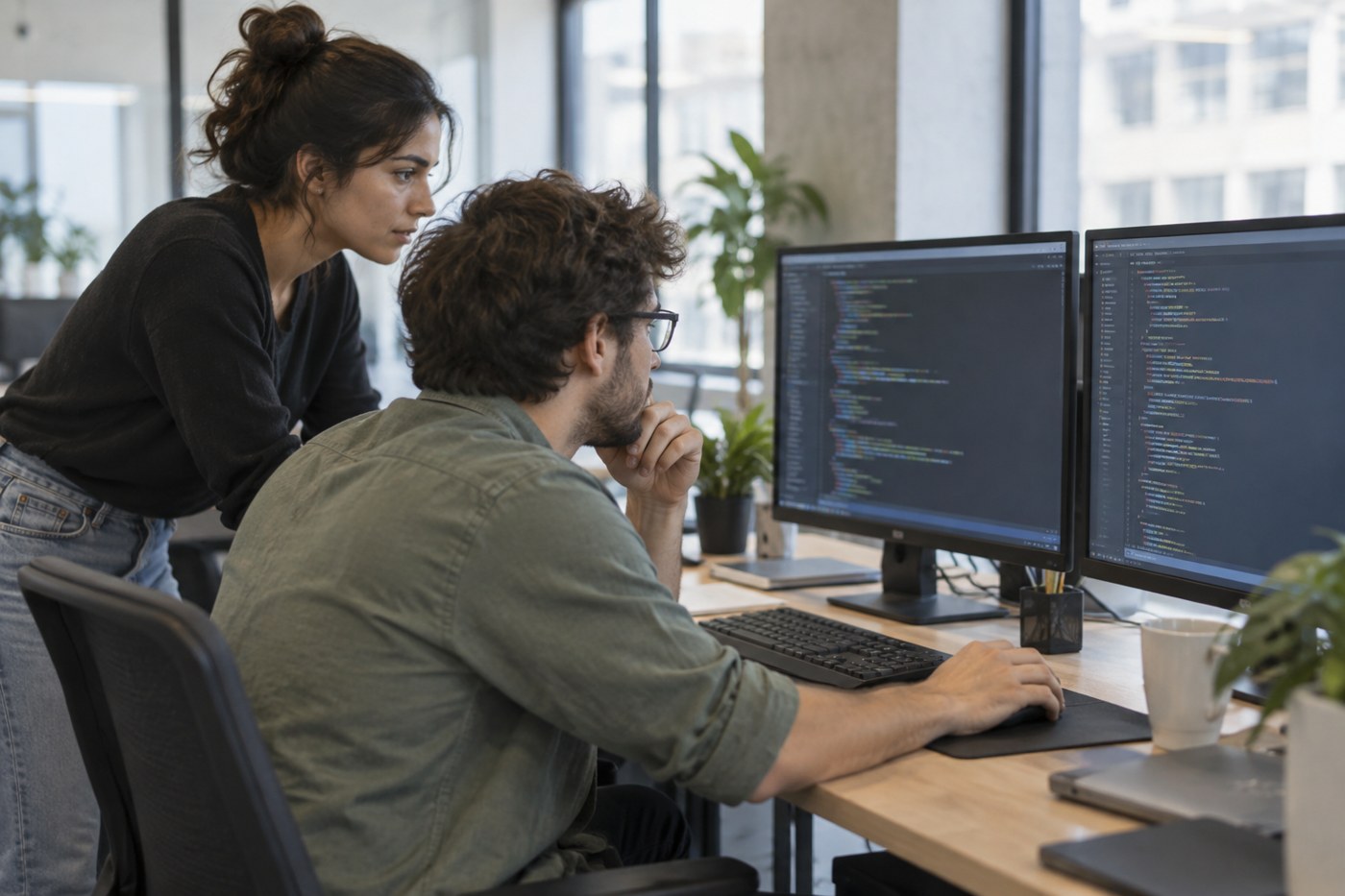 Two young software developers working together at a desk with code on their monitors