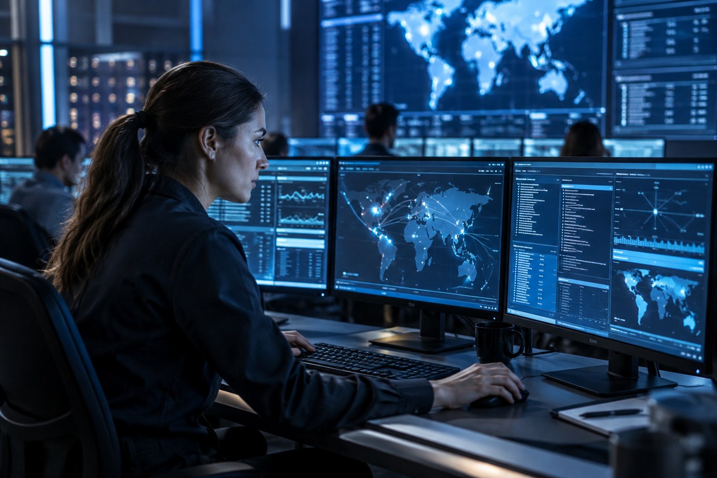 A cybersecurity analyst reviewing monitoring dashboards on multiple screens