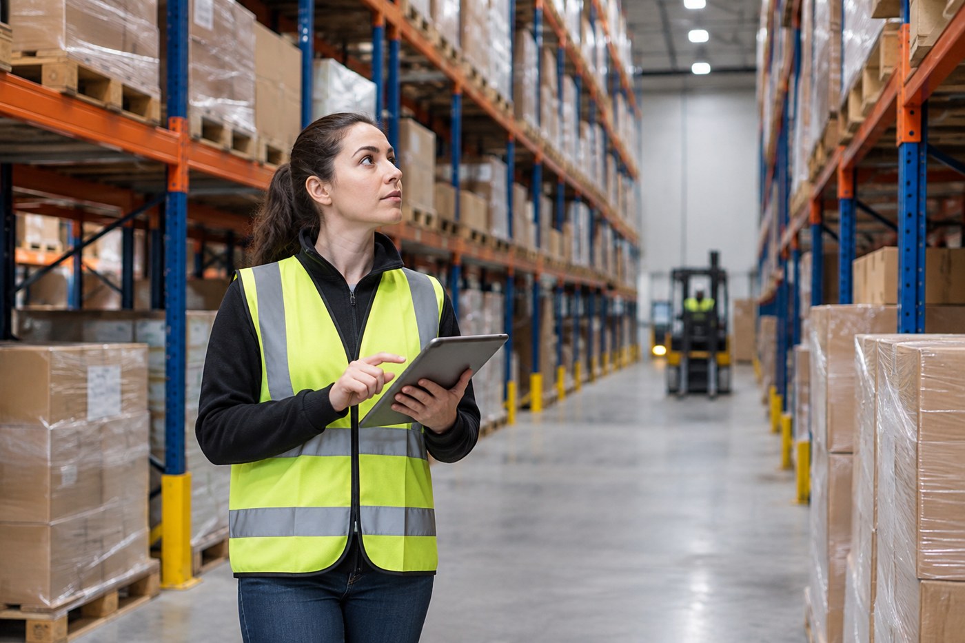 A logistics coordinator with a tablet in a large distribution warehouse