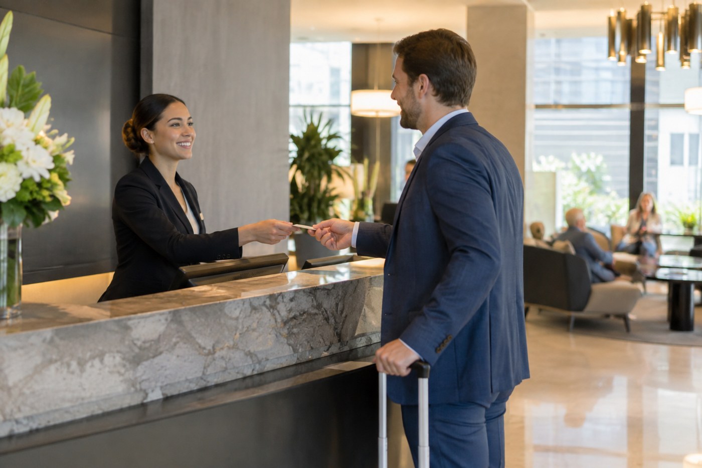 A hotel front desk associate welcoming a guest at check-in in a modern lobby