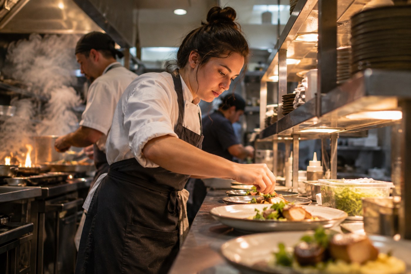 A young line cook plating dishes on the pass in a busy professional restaurant kitchen