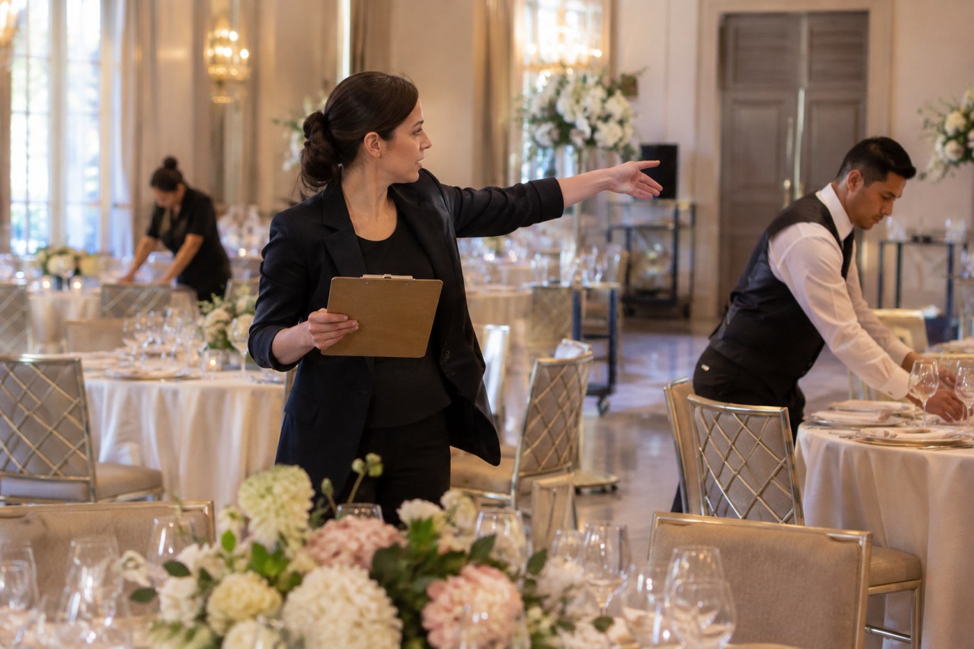 An event manager directing staff setting tables in a hotel banquet hall before an event