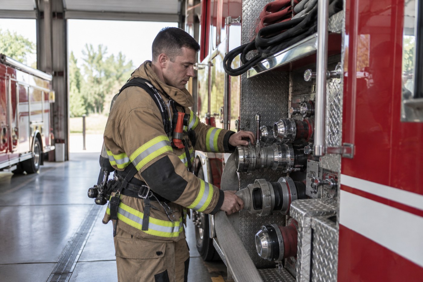 A firefighter in turnout gear checking equipment on an engine at a fire station