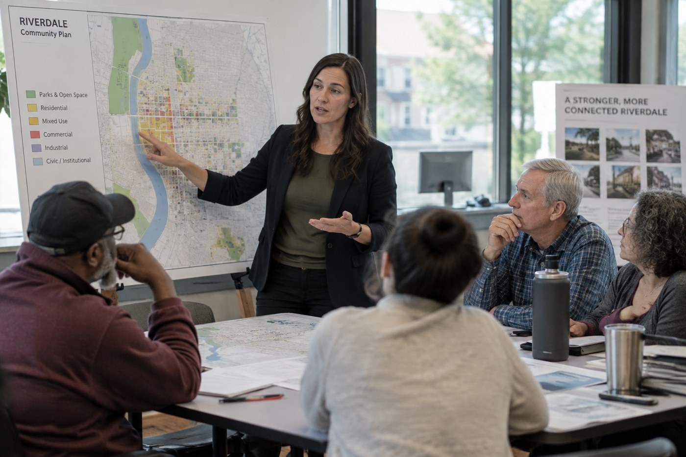 A city planner presenting a map at a public meeting table with community members