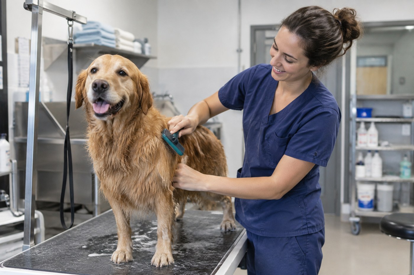 An animal care worker grooming a dog in a clean professional care facility