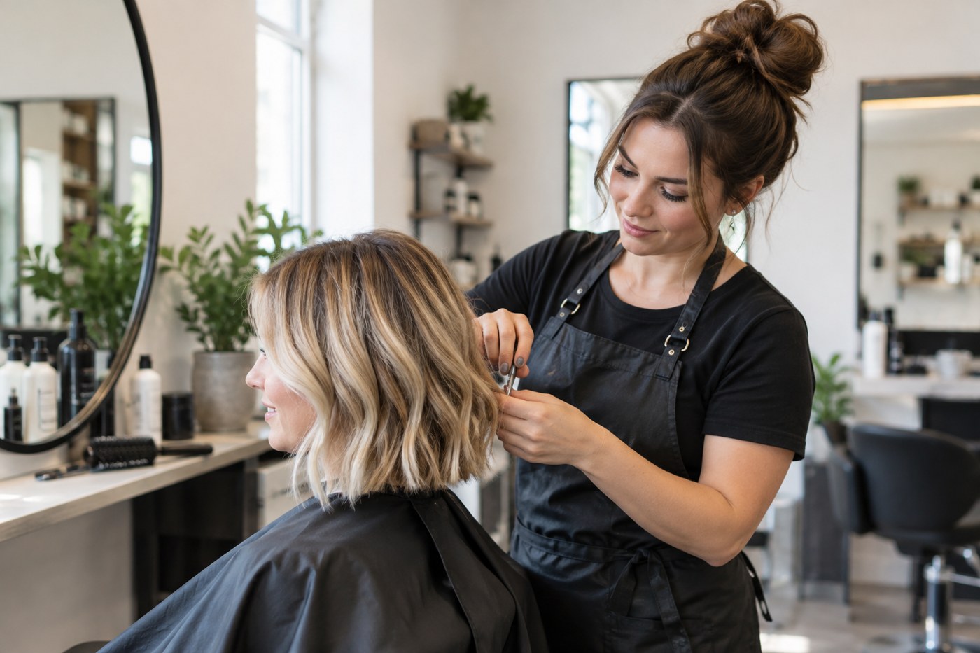 A young hairstylist finishing a client's haircut in a bright modern salon