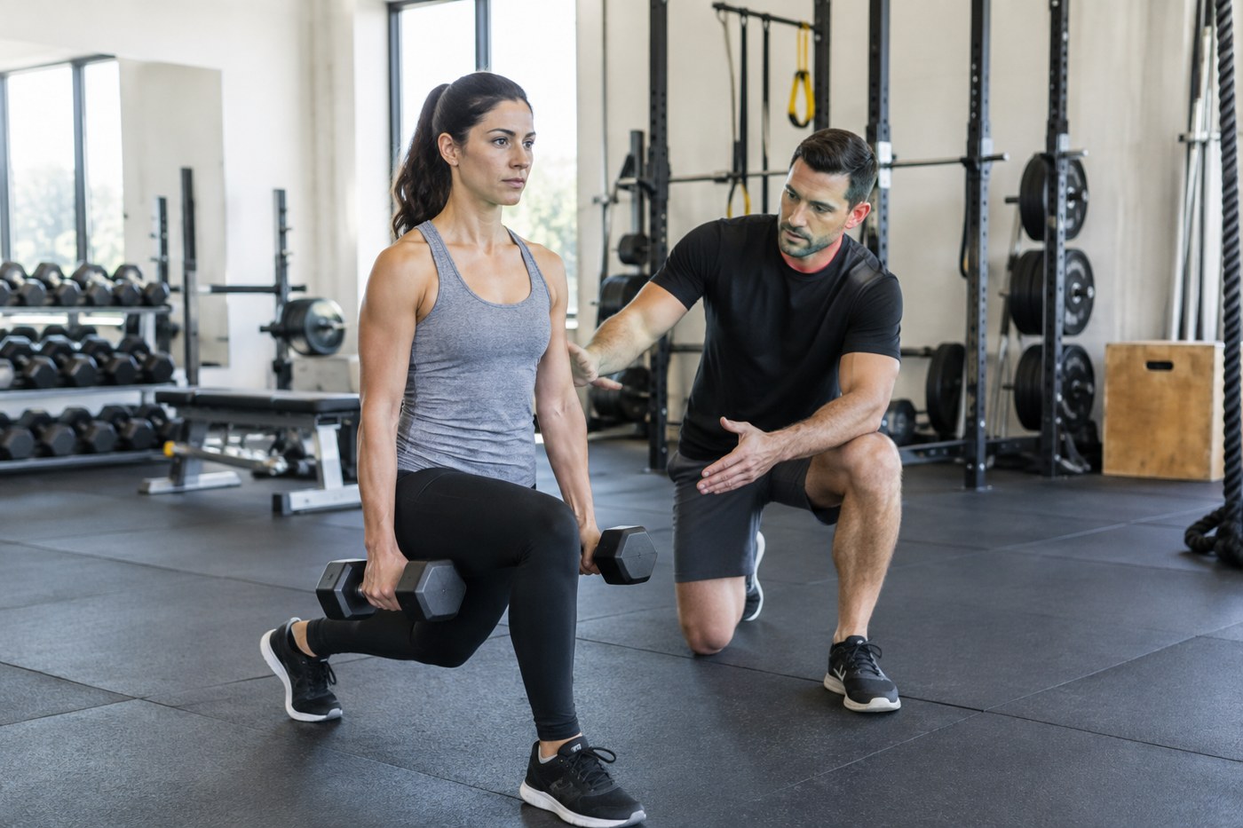 A personal trainer coaching a client through an exercise in a bright gym