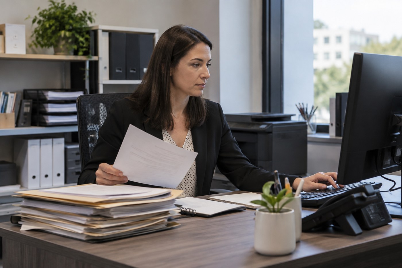 An office administrator organising files and working at a computer in a modern workplace