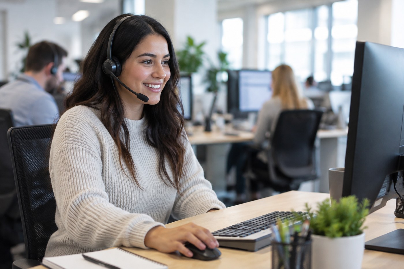 A young customer service representative wearing a headset at a desk in a bright office