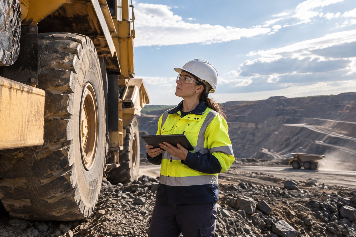 A mining technician in a hard hat and hi-vis inspecting heavy equipment at an open pit site