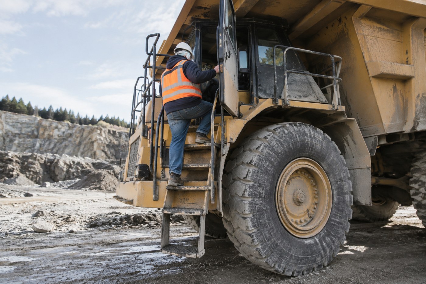 A heavy equipment operator climbing into the cab of a large haul truck at a quarry