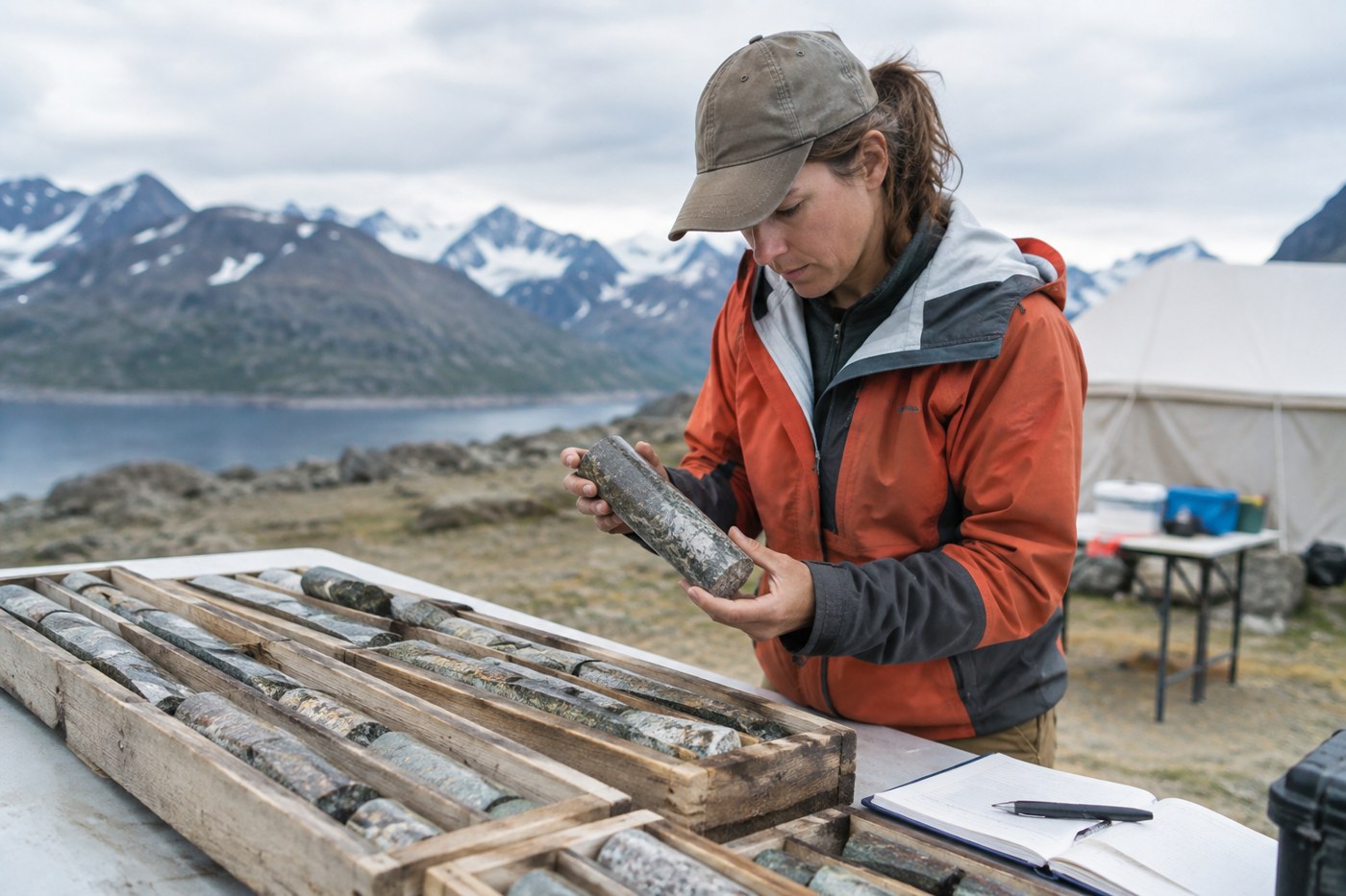 A geologist examining rock core samples on a table at a field site