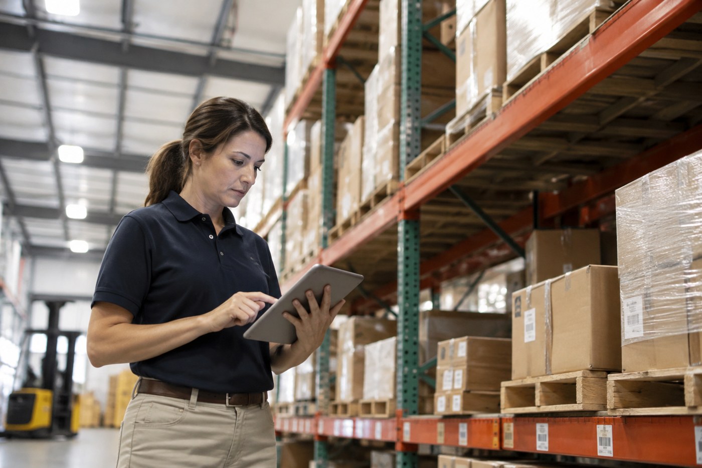 A purchasing agent reviewing inventory on a tablet beside tall warehouse racking