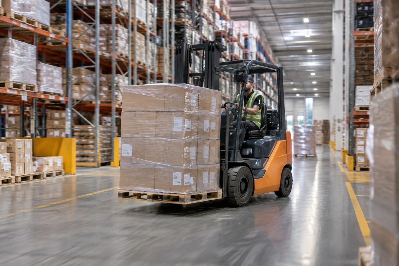 A forklift operator moving pallets in a large distribution centre