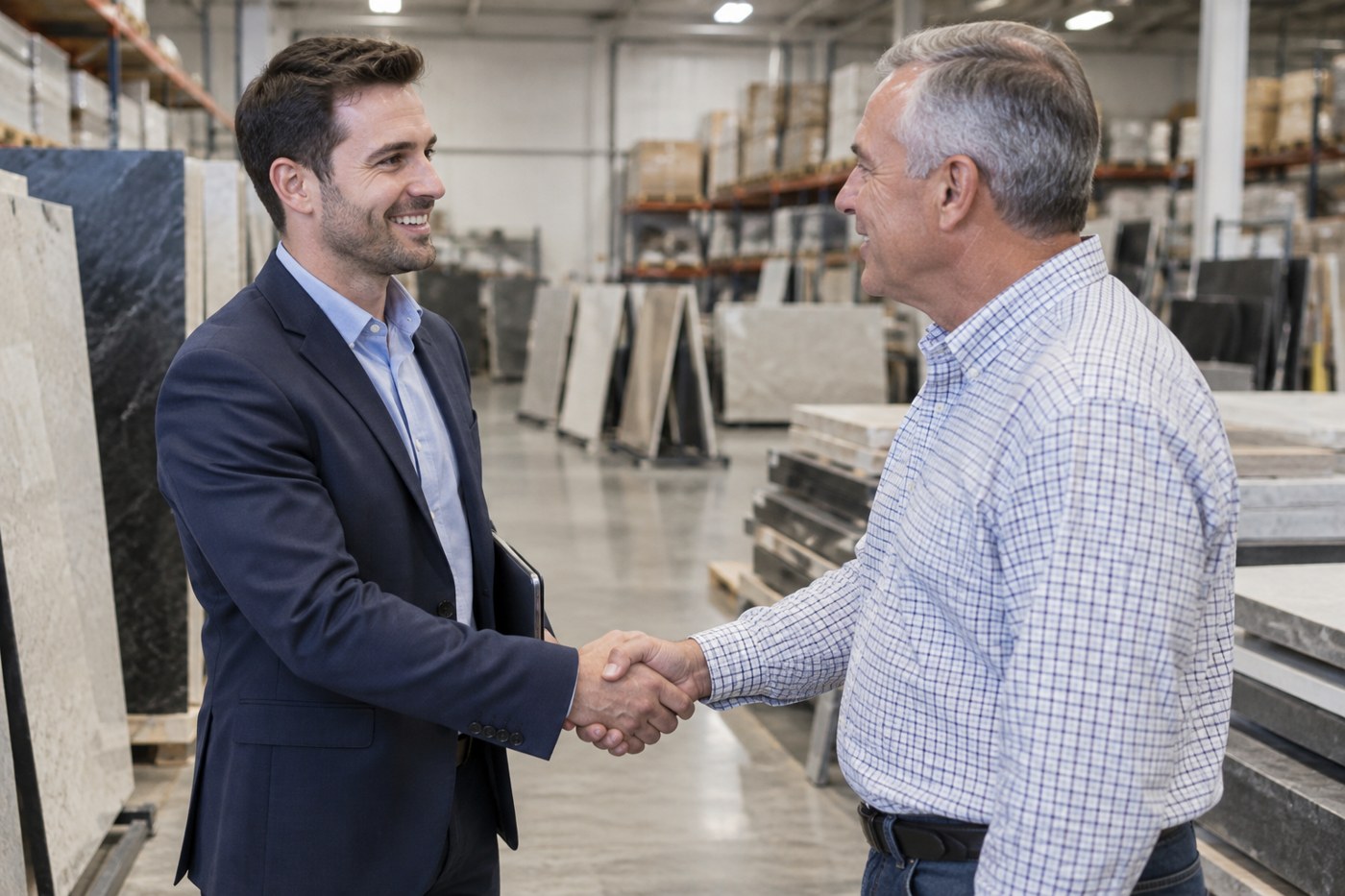 A young sales representative shaking hands with a business owner in a warehouse showroom