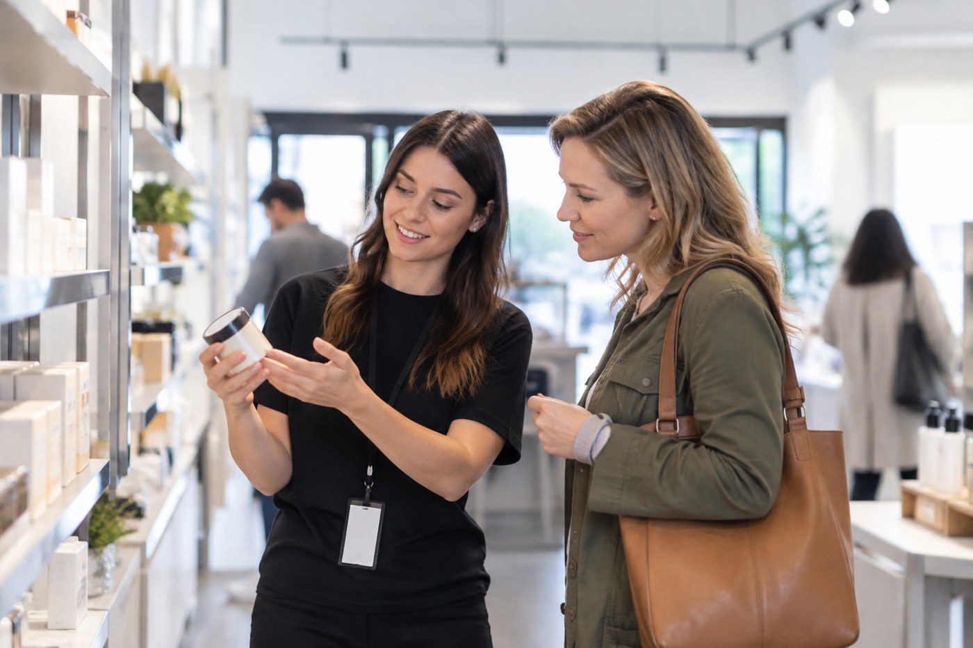 A young retail associate helping a customer choose a product in a bright modern store
