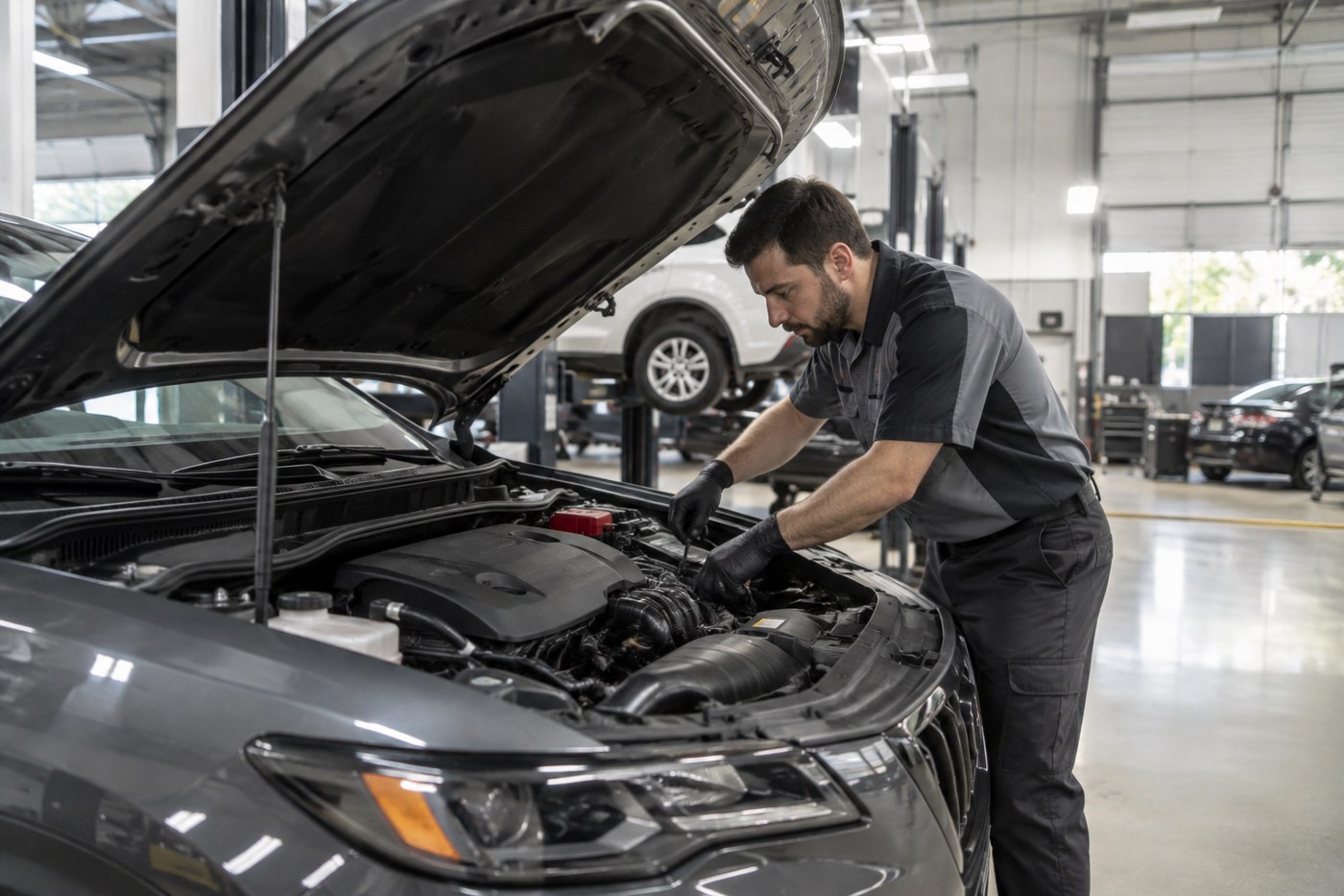 An automotive service technician working on a car in a clean dealership service bay