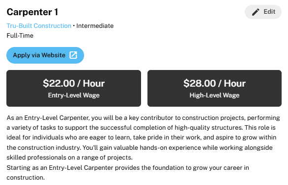 Carpenter 1 role showing an entry-level wage of $22 per hour and a high-level wage of $28 per hour