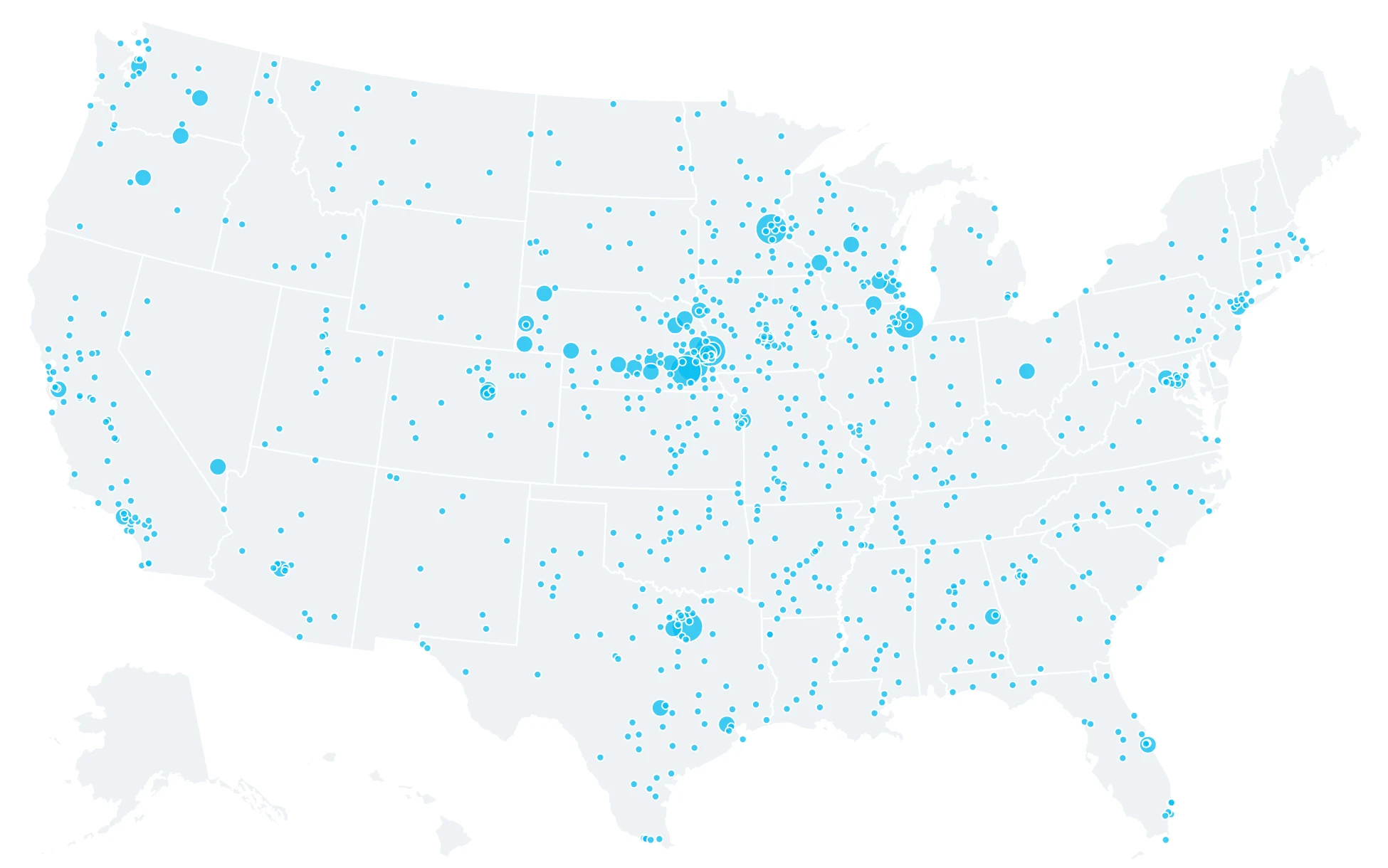 Map of the United States with dots in hundreds of cities where people use CareerPathway.com, spread across 45 states